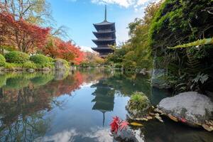 Ancient wood Toji temple of unesco world heritage site in autumn leaves garden at Kyoto photo