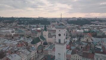Aerial panorama of the ancient european city Lviv, Ukraine. Town Hall, Ratush video