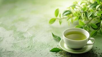 AI generated Green Tea advertisment background with copy space photo