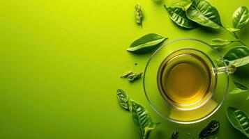 AI generated Green Tea advertisment background with copy space photo