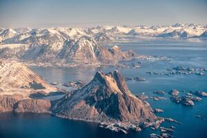 Aerial view of mountain on archipelago in arctic circle ocean photo