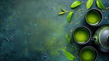 AI generated Green Tea advertisment background with copy space photo