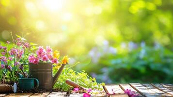 AI generated magic beautuful gardening background with copy space photo