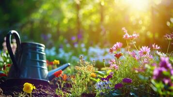 AI generated magic beautuful gardening background with copy space photo