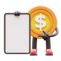 3D money coin Character Holding Blank Paper png