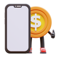 3D money coin Character Presenting Blank Smartphone Screen png