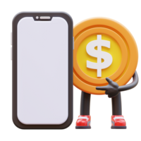 3D money coin Character Presenting Blank Smartphone Screen png