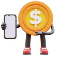 3D money coin Character Presenting Blank Smartphone Screen png