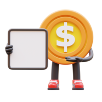 3D money coin Character Holding Blank Paper png