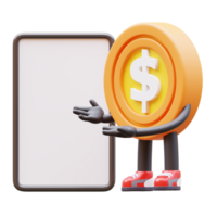 3D money coin Character Holding Blank Paper png
