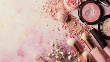 AI generated Make up products advertisment background with copy space photo