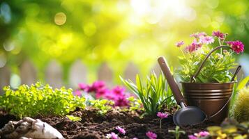 AI generated magic beautuful gardening background with copy space photo