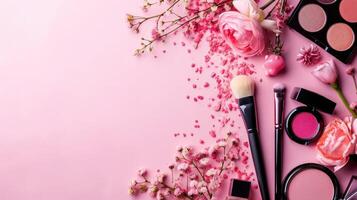 AI generated Make up products advertisment background with copy space photo