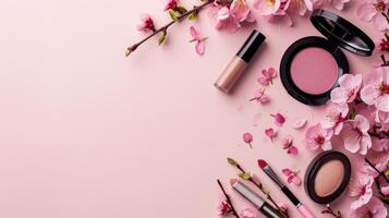 AI generated Make up products advertisment background with copy space photo