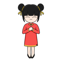 chino nuevo año dibujos animados personaje ilustración adorable niña con negro pelo y suerte aura. png