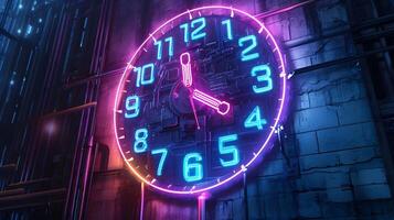 AI generated Futuristic Neon Glowing Clock On Dystopian Background photo