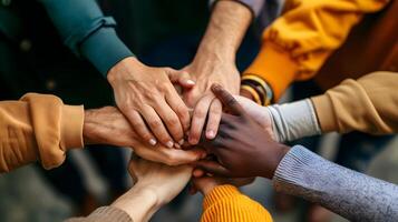 ai generado manos juntos celebrando diversidad foto