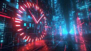 AI generated Futuristic Neon Glowing Clock On Dystopian Background photo