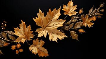 AI generated Gold Maple Leaves Isolated On Black Background photo