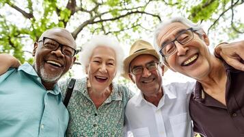 ai generado ancianos celebrando diversidad juntos en Jubilación foto