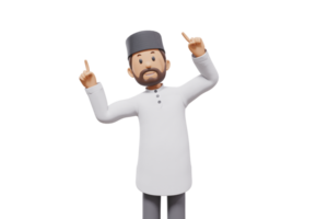 3d illustration of man muslim greeting, pointing and showing something at camera with transparent background png