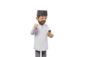 3d man holding a cellphone while interacting, expressing and smiling at the camera with a transparent background png