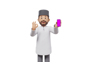 3d man holding a cellphone while interacting, expressing and smiling at the camera with a transparent background png