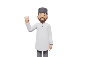 3d illustration of man muslim greeting, pointing and showing something at camera with transparent background png