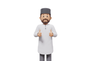 3d illustration of man muslim greeting, pointing and showing something at camera with transparent background png