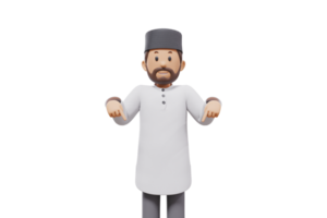 3d Illustration von Mann Muslim Gruß, zeigen und zeigen etwas beim Kamera mit transparent Hintergrund png