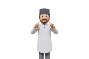 3d illustration of man muslim greeting, pointing and showing something at camera with transparent background png