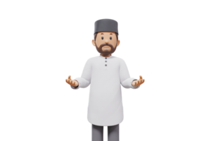 3d illustration of man muslim greeting, pointing and showing something at camera with transparent background png