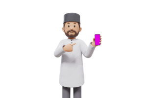 3d man holding a cellphone while interacting, expressing and smiling at the camera with a transparent background png