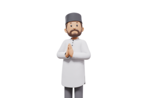 3d illustration of man muslim greeting, pointing and showing something at camera with transparent background png