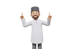 3d illustration of man muslim greeting, pointing and showing something at camera with transparent background png