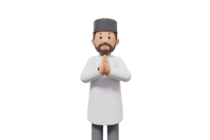 3d illustration of man muslim greeting, pointing and showing something at camera with transparent background png