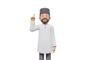 3d illustration of man muslim greeting, pointing and showing something at camera with transparent background png