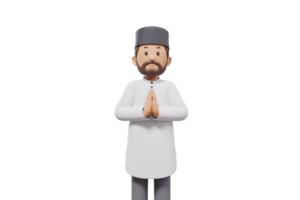 3d illustration of man muslim greeting, pointing and showing something at camera with transparent background png