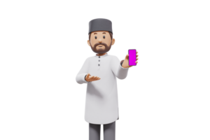 3d man holding a cellphone while interacting, expressing and smiling at the camera with a transparent background png