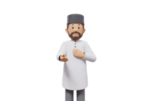 3d illustration of man muslim greeting, pointing and showing something at camera with transparent background png