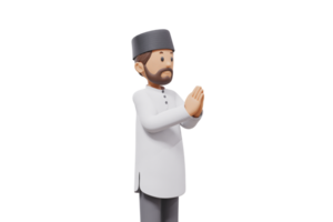 3d illustration of man muslim greeting, pointing and showing something at camera with transparent background png
