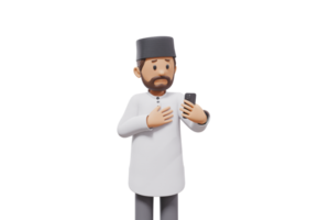 3d man holding a cellphone while interacting, expressing and smiling at the camera with a transparent background png