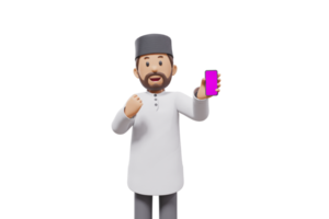 3d man holding a cellphone while interacting, expressing and smiling at the camera with a transparent background png