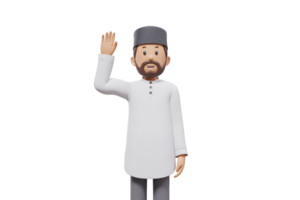 3d illustration of man muslim greeting, pointing and showing something at camera with transparent background png