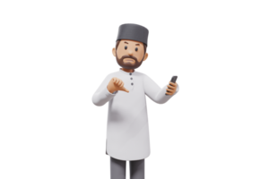 3d man holding a cellphone while interacting, expressing and smiling at the camera with a transparent background png