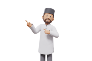 3d illustration of man muslim greeting, pointing and showing something at camera with transparent background png