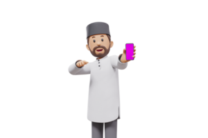 3d man holding a cellphone while interacting, expressing and smiling at the camera with a transparent background png