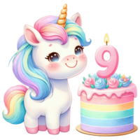 ai generato arcobaleno unicorno torta con numerato candela per compleanno festa png