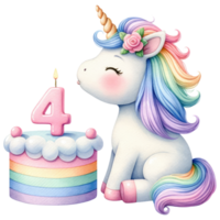 AI generated Rainbow unicorn cake with numbered candle for birthday party png