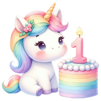 ai généré arc en ciel Licorne gâteau avec numéroté bougie pour anniversaire fête png